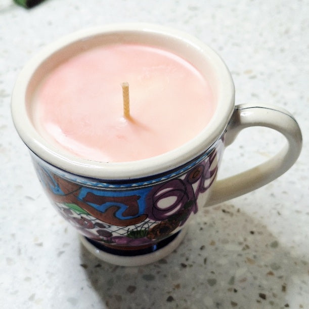 Hand-painted Ávalos pottery mug, Dolores Hidalgo, Guanajuato, Mexico — polychrome floral/geometric folk-art decoration Teacup Soy Wax Candle