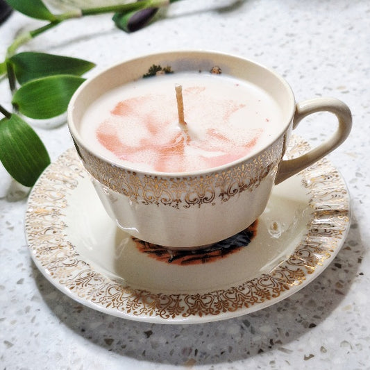 Vintage 1950s Sovereign Potters “Minuet” Courting Couple Cup & Saucer — Made in Canada, Gold Filigree Soy Wax Candle