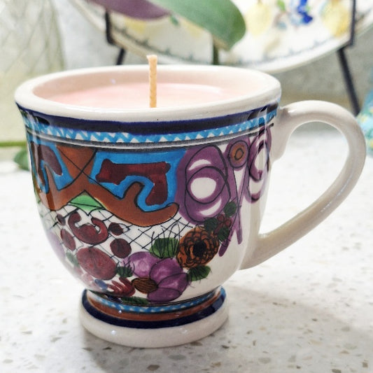 Hand-painted Ávalos pottery mug, Dolores Hidalgo, Guanajuato, Mexico — polychrome floral/geometric folk-art decoration Teacup Soy Wax Candle