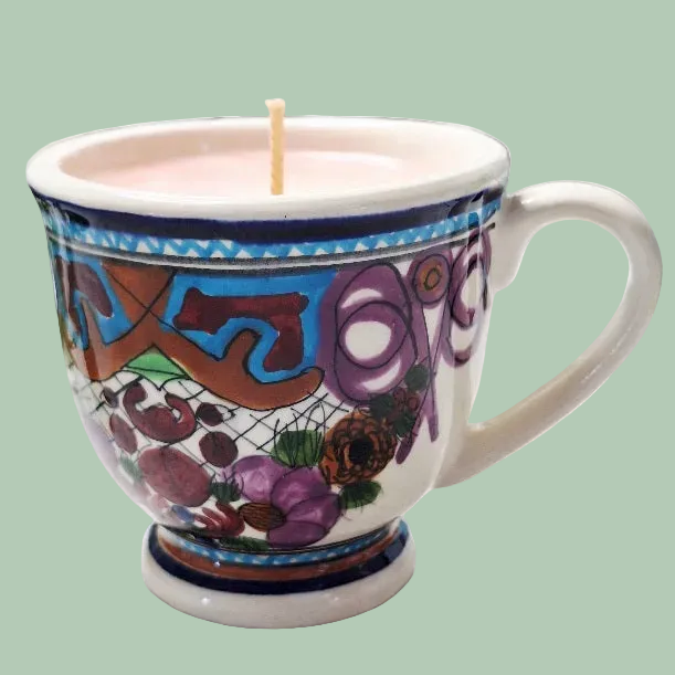 Hand-painted Ávalos pottery mug, Dolores Hidalgo, Guanajuato, Mexico — polychrome floral/geometric folk-art decoration Teacup Soy Wax Candle