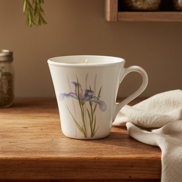 A white corning ware mug with a purple iris and green stem illustration sits on a rustic wooden table next to a beige cloth. In the background, dried lavender and rosemary hang on a wooden rack, and glass jars filled with grains and spices are stored on a shelf.