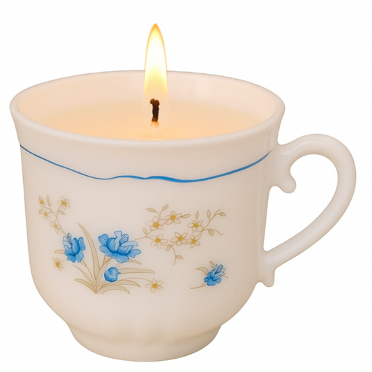 Candle in a decorative mug with floral patterns on a white background